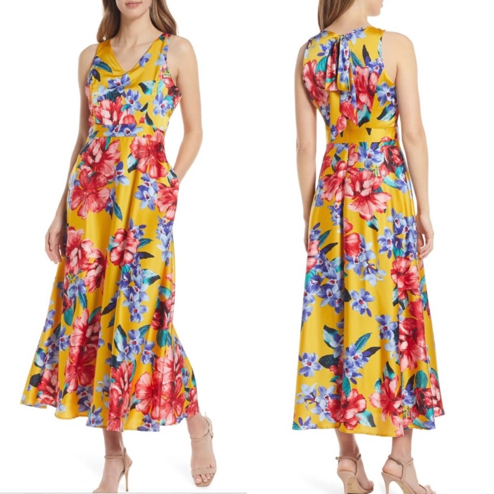 Charmeuse Tie Back Dress TAHARI ASI size 6 yellow floral